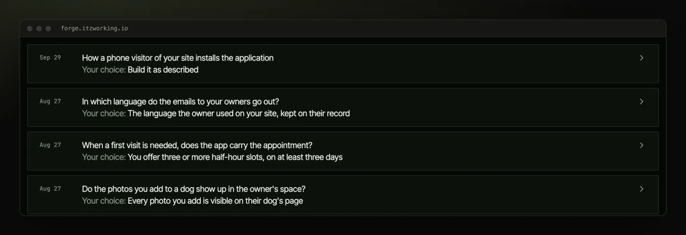 Choices made with the client, each recorded with its date and the option taken