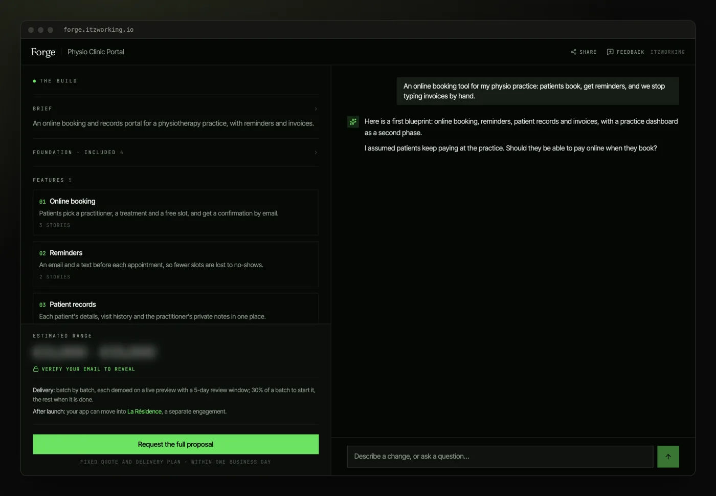 MVP development services: a sample blueprint in the Forge with the brief, the features and the estimate, next to the scoping conversation