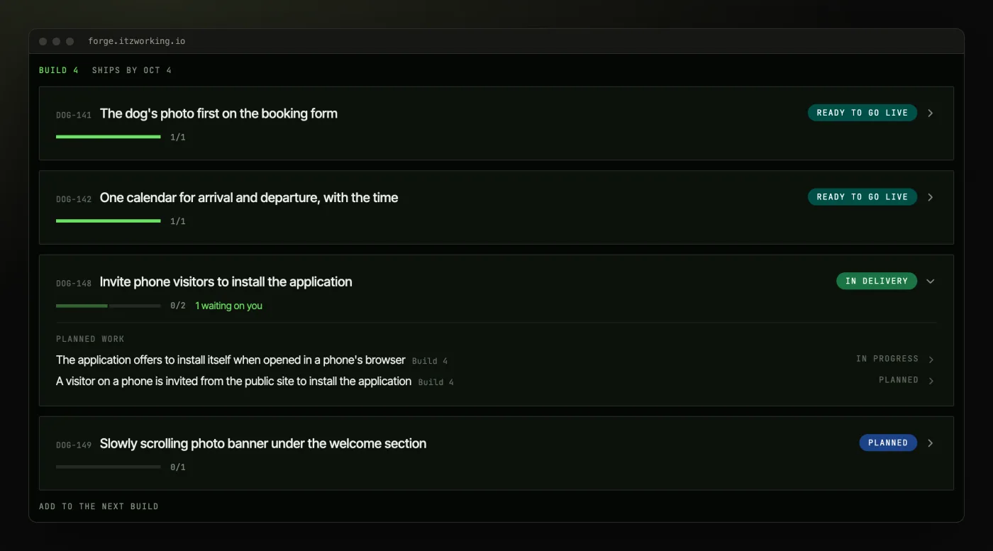 Fractional CTO services in practice: the client portal's current build, four requests with their stories and a dated ship window