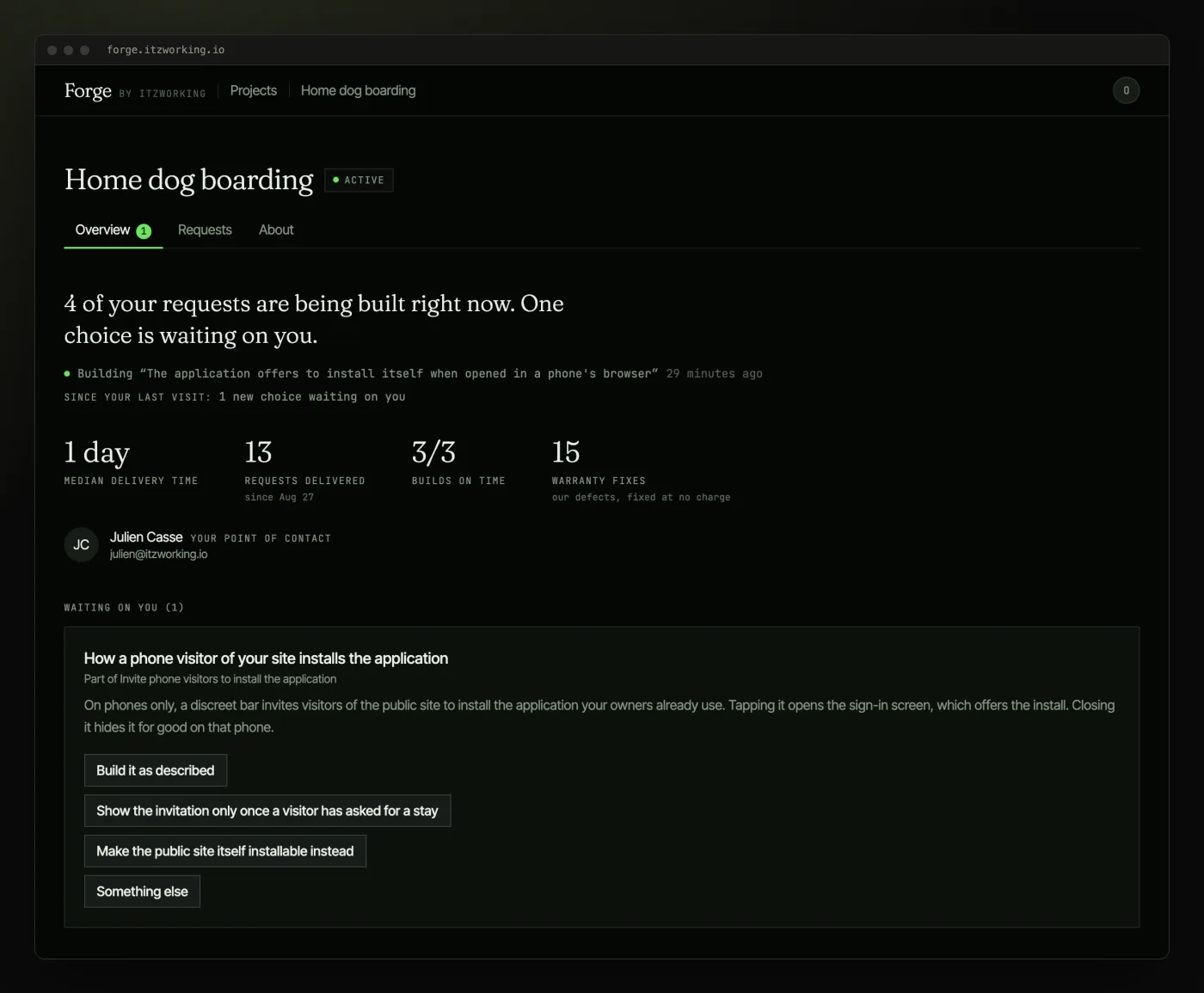 Fractional CTO for non-technical founders: the client portal with four requests being built, one choice waiting on the founder, and delivery figures