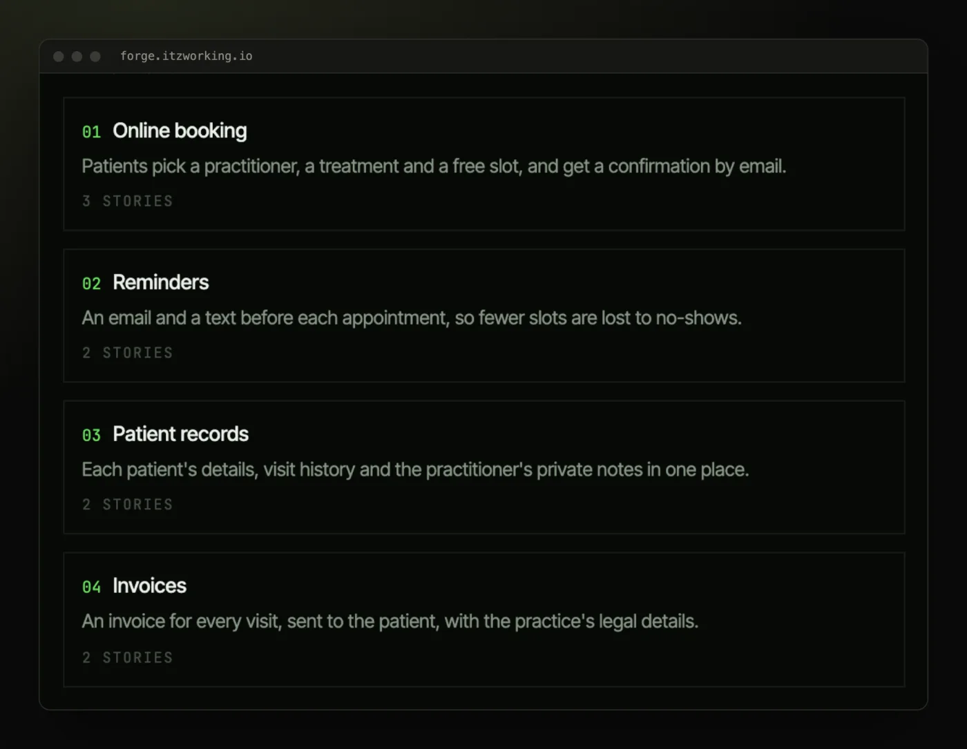 The features of a sample blueprint, each with its user stories