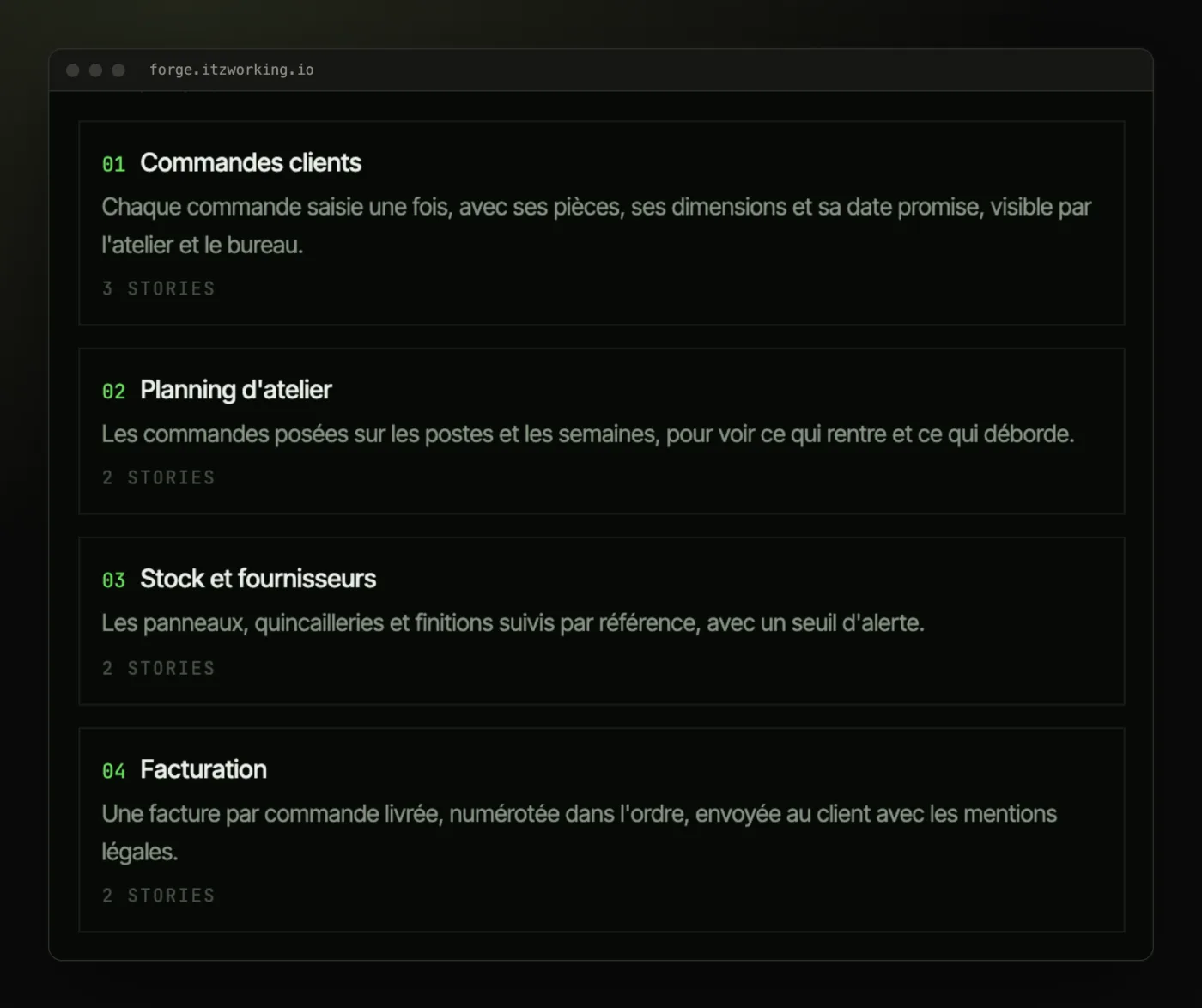 Les fonctionnalités du blueprint, chacune avec ses histoires : commandes clients, planning d'atelier, stock et fournisseurs, facturation