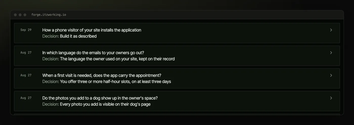 Choices made with the founder, each recorded with its date and the option chosen