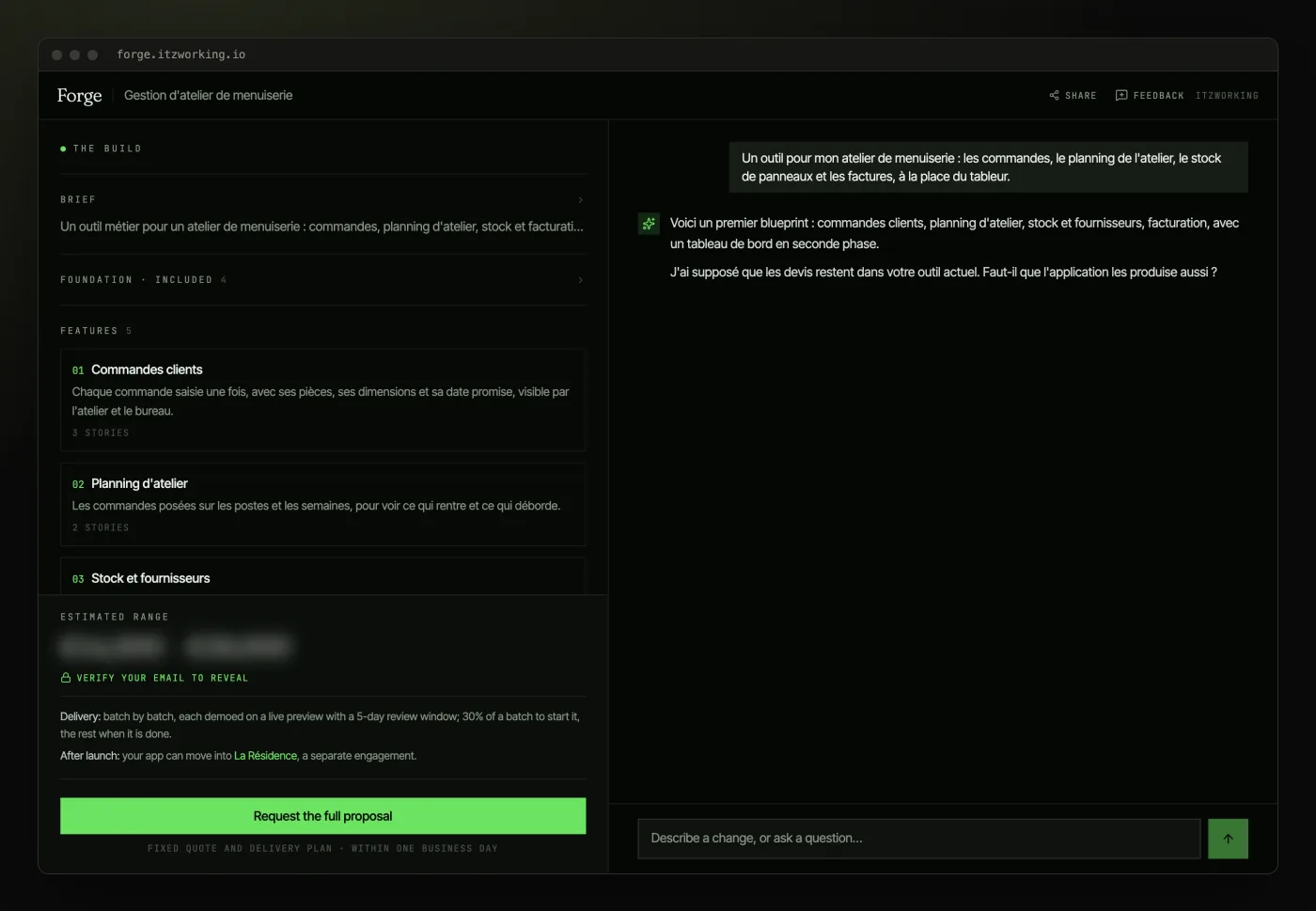 Développement logiciel sur mesure dans la Forge : le blueprint d'un outil de gestion d'atelier, ses fonctionnalités et la fourchette de prix encore verrouillée (projet d'exemple, interface en anglais)
