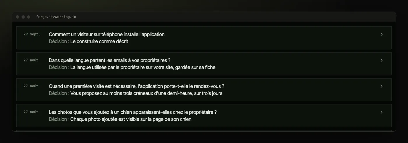 Les choix faits avec le client, chacun daté avec l'option retenue
