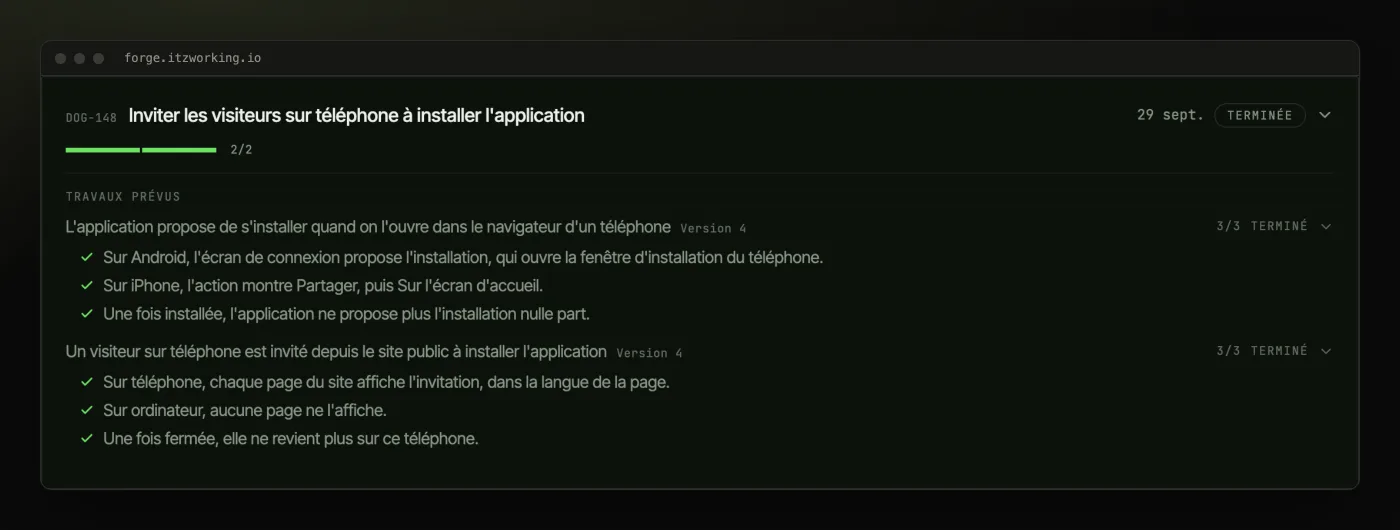 Une demande livrée dans le portail client, chaque critère d'acceptation vérifié